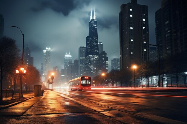 A city street with a bus and a building in the background.