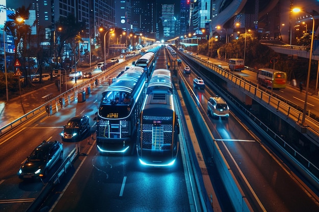 a city street with buses and cars on it and a city street in the background