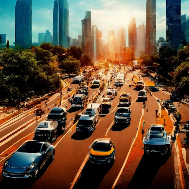 a city street with cars and a city in the background