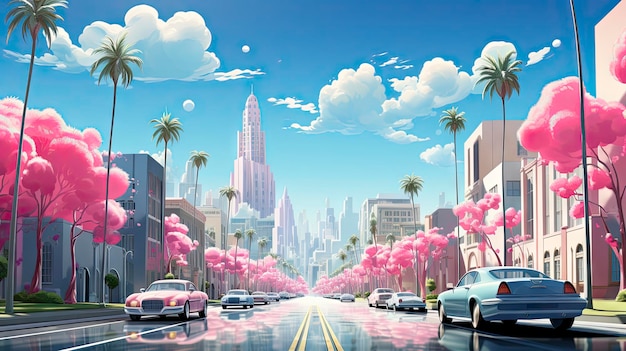 a city street with cars and palm trees.