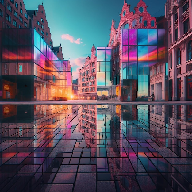 a city street with a large glass building with a reflection of a building in it