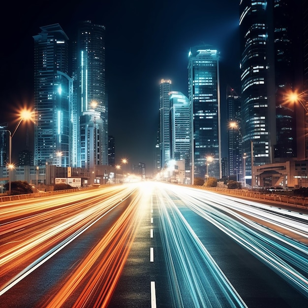 A city street with lights on and a cityscape in the background