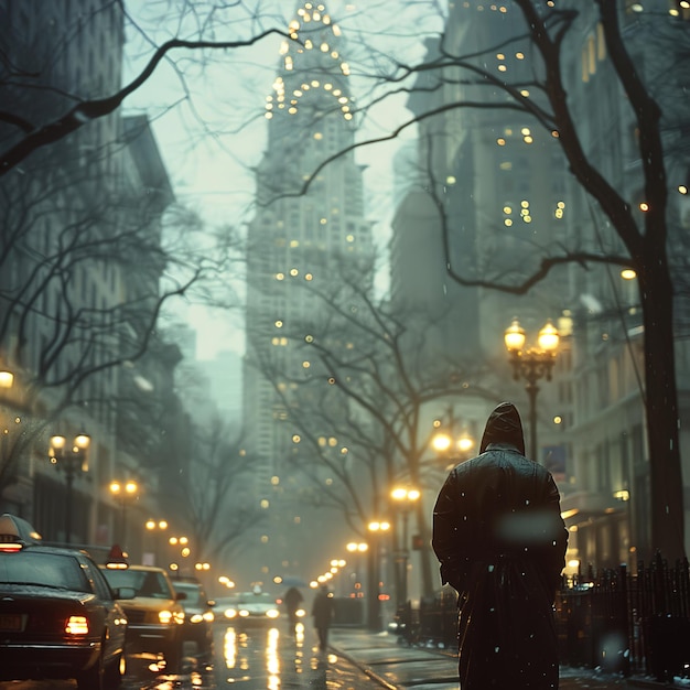 a city street with a man in a hood and a hood that says  nyc