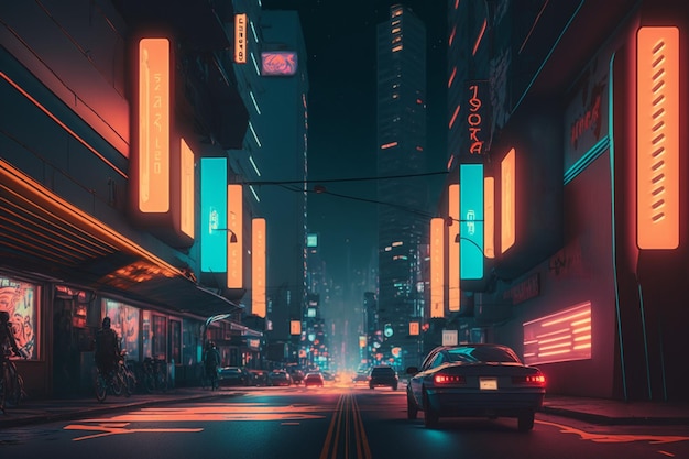 A city street with neon signs that say'neon '