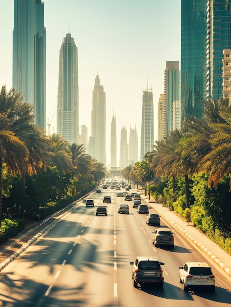 Photo a city street with a palm tree and a few cars on the road