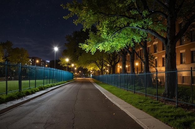 City street with a park behind a fence at night