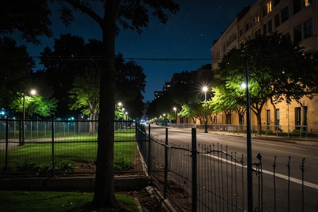 City street with a park behind a fence at night