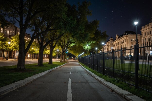 City street with a park behind a fence at night