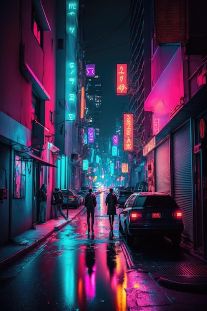 City street with people cars buildings and neon lights created using generative ai technology