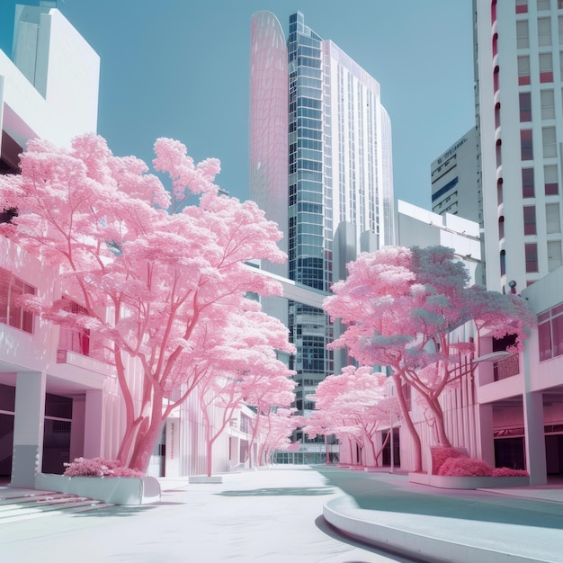 Photo a city street with pink trees lining the sidewalk