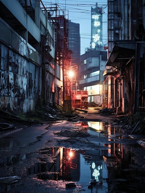 a city street with a puddle of water in the middle