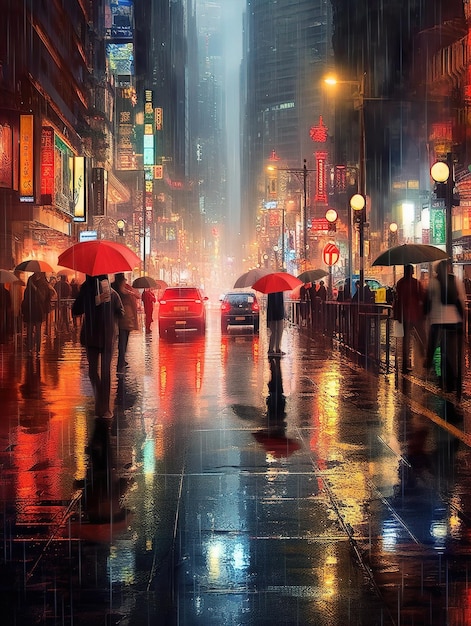 a city street with a red car and people walking in the rain.