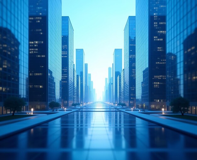 Photo a city street with a reflection of a building in the water