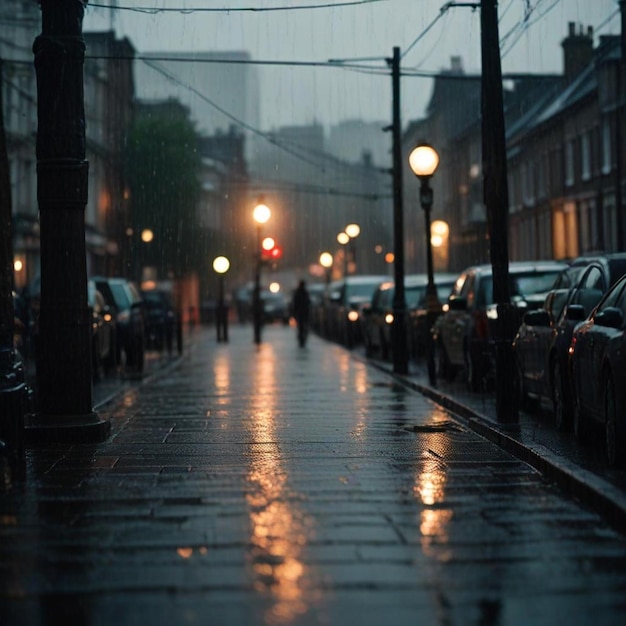 Photo a city street with a row of parked cars and a street light