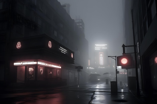 A city street with a sign that says'the city is a foggy night '