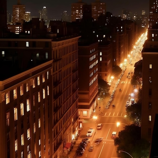 Photo a city street with a street with a tall building and a street light on the side of it