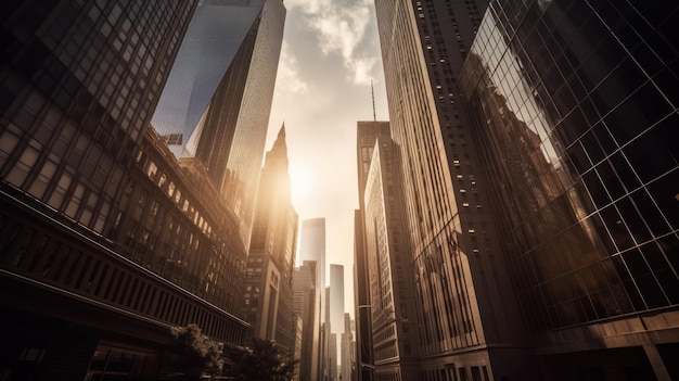 A city street with a sun shining on it