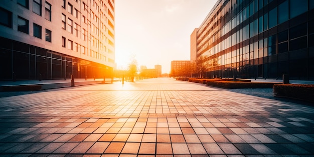 A city street with a sunset in the background