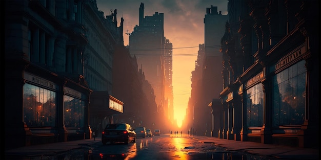 A city street with a sunset and a car in the foreground