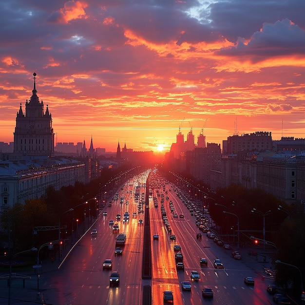 Photo a city street with a sunset and a few cars on it