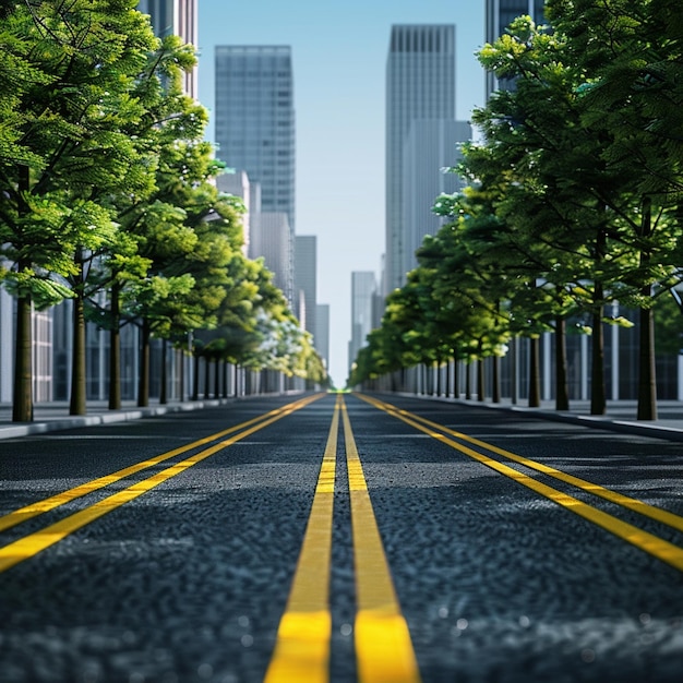 Photo city street with symmetrical yellow lines on asphalt road