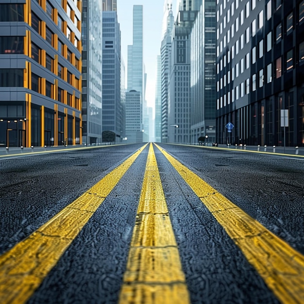 Photo city street with symmetrical yellow lines on asphalt road