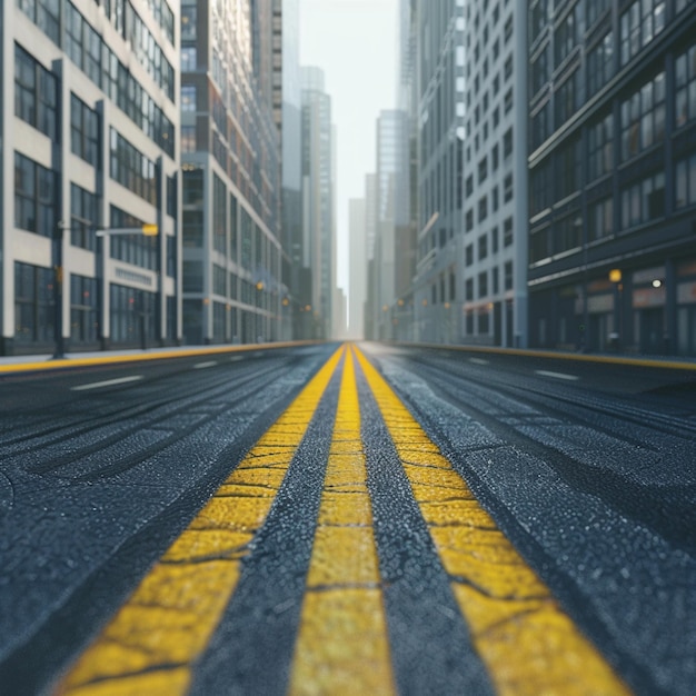 Photo city street with symmetrical yellow lines on asphalt road