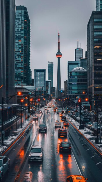 Photo city street with tall buildings and the cn tower in the distance