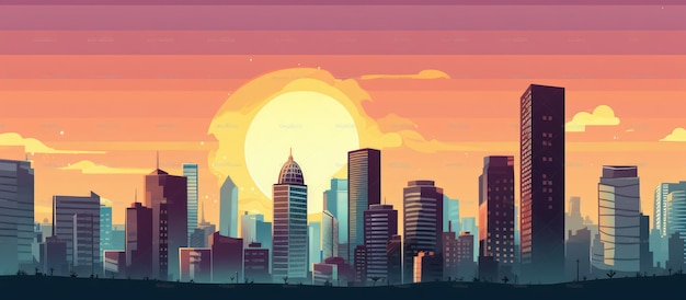 City Sunrise Modern Skyscrapers Panorama Created with Generative AI Technology