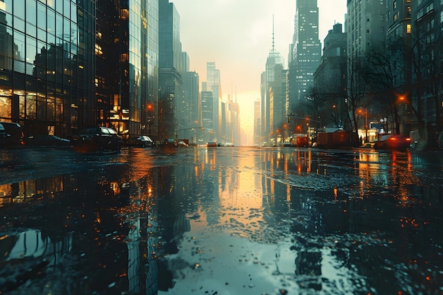 City Sunrise Reflections on a Rainy Street in Urban Landscape