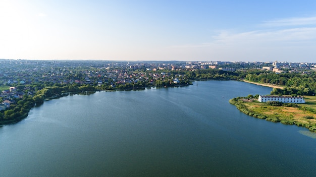 City at sunset from the drone