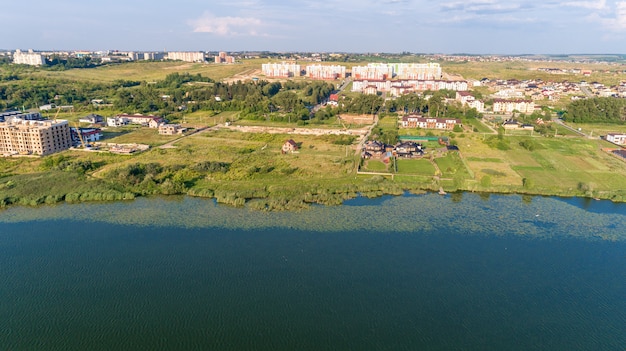 City at sunset from the drone