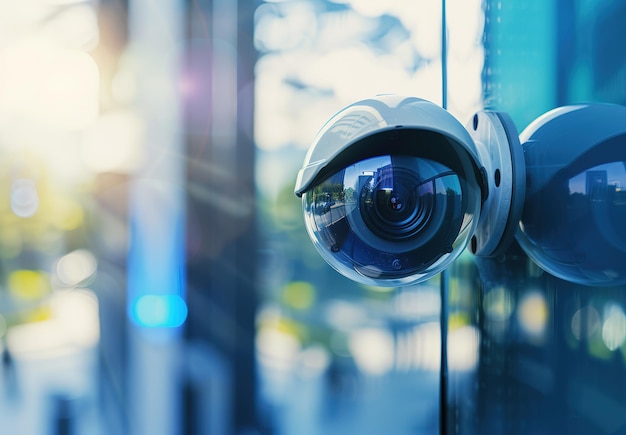 City surveillance closeup of a security camera mounted on a wall illuminated by the ethereal glow of city lights at night