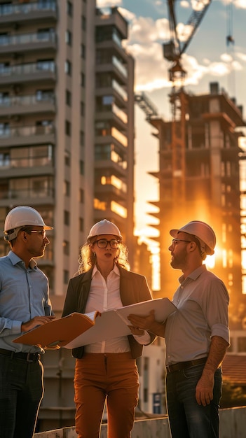 City talking or engineering team on construction site planning a building maintenance or renovation