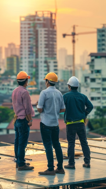 City talking or engineering team on construction site planning a building maintenance or renovation