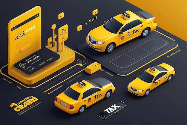 City taxi 3d vector graphics Yellow Cab ui ux landing page concept