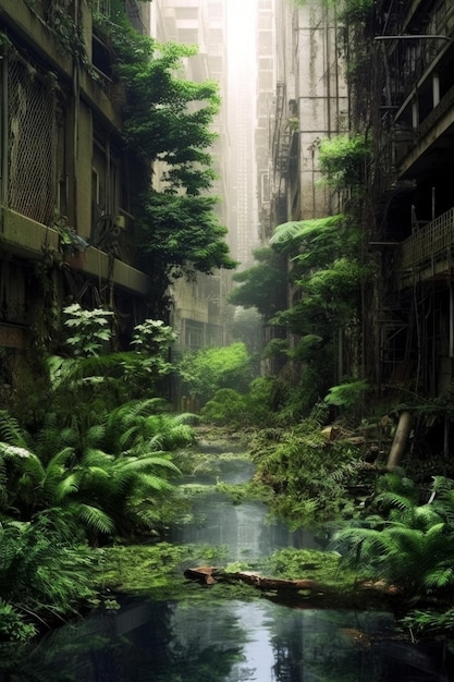 A city that is overgrown with plants and trees