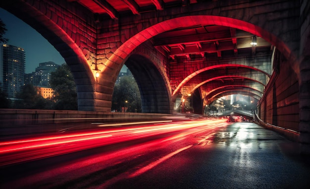 City traffic under bridge with light trails road