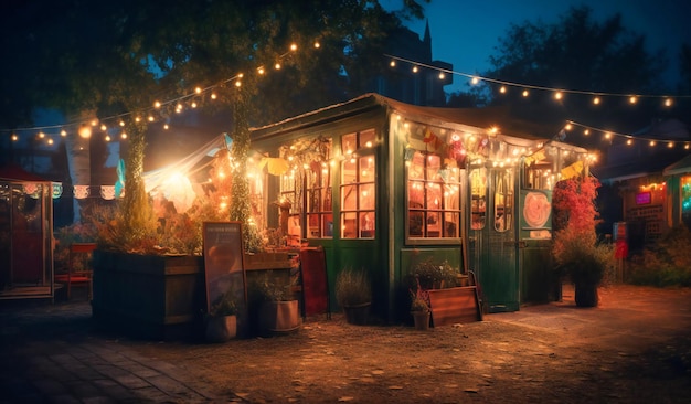 A city venue at night holds an outdoor fair