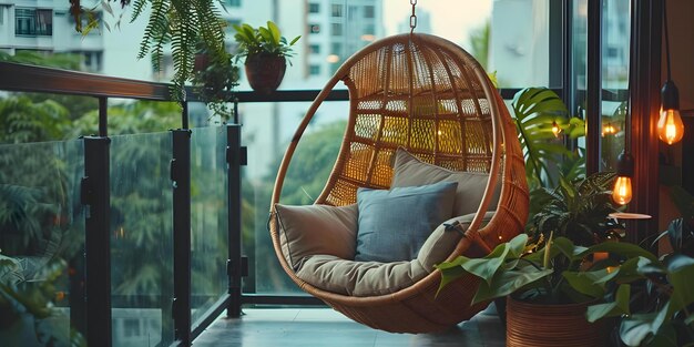 City View Balcony with Hanging Chair Couch Pillows and Potted Plants Concept City view Balcony decor Hanging chair Couch Pillows Potted plants