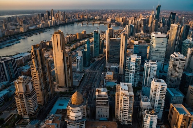 a city view from the top of a building with a river in the background