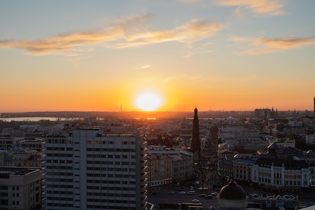 City view from the top of hotel in Kazan at sunset May 2022