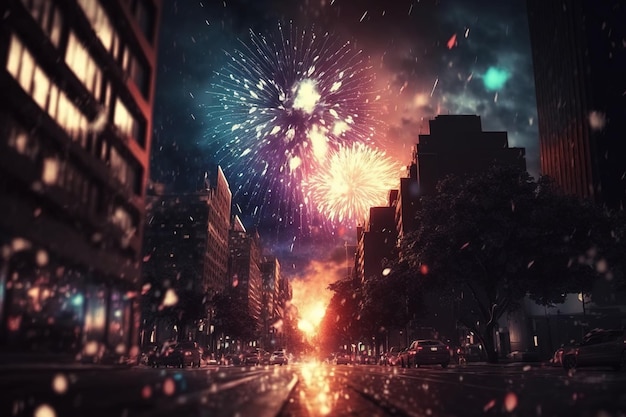 City view with beautiful fireworks fireworks in the night sky Generative AI