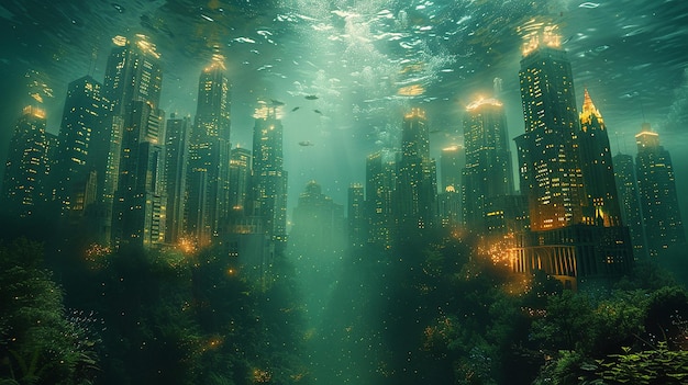 a city in the water with a large amount of light