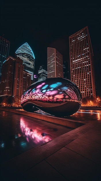 A city with a bean sculpture in the foreground