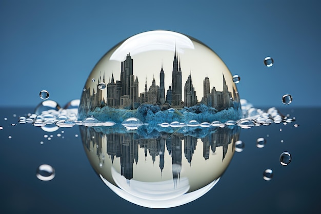 Photo a city with a big bubble floating in the water various global landmarks reflecting on a water droplet representing world water day