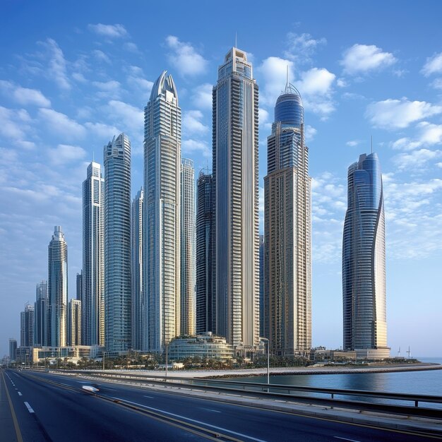 a city with a blue sky and a few clouds