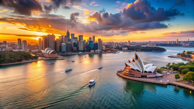 a city with a boat and a city in the background