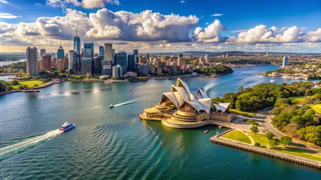 Photo a city with a boat and a city in the background