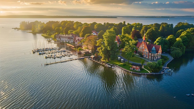 a city with boats on the water and a dock with houses on the shore